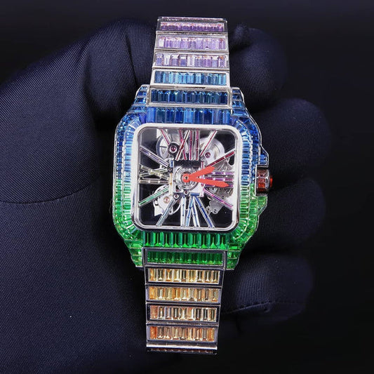 IC Classic Multicolor Baguette Square Dial VVS Moissanite Stainless Steel Watch Hip Hop Fully Iced Bust Down Watch IC_C1059