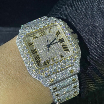 IC Classic Roman Dial VVS Moissanite Stainless Steel Watch Fully Iced Bust Down Bling Blink Hip Hop Watch  IC_C1030