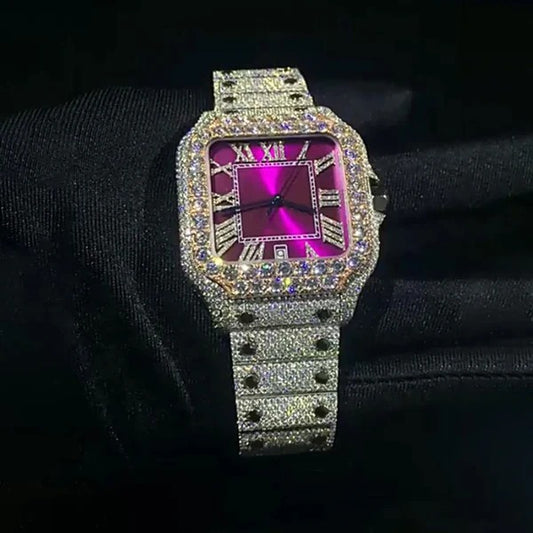 IC Lavish Shinny Purple Roman Dial VVS Moissanite Stainless Steel Watch Hip Hop  Bust Down Iced Out Watch IC_C1063