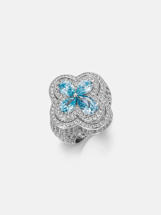 IC Gorgeous VVS Moissanite 925 Sterling Silver Blue Four Leaf Clover Ring Hip Hop Bust Down Iced Out Ring For Everyday IC_R1039