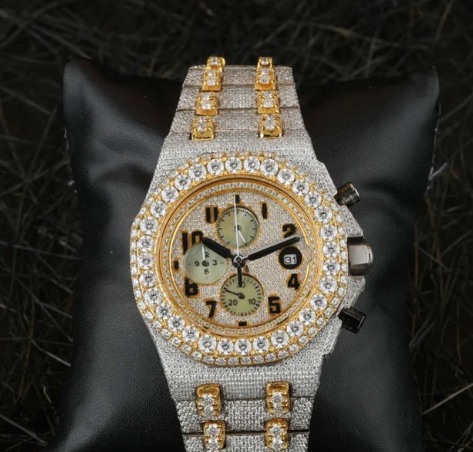IC Premium Yellow & Silver Round Dial VVS Moissanite Stainless Steel Watch Hip Hop Bust Down Fully Iced Watch  IC_AP1021