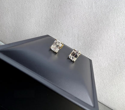 IC Classic Emerald Cut Moissanite Stud Earrings in Yellow Gold Plated Studs Hip Hop Iced Out IC_SE1048