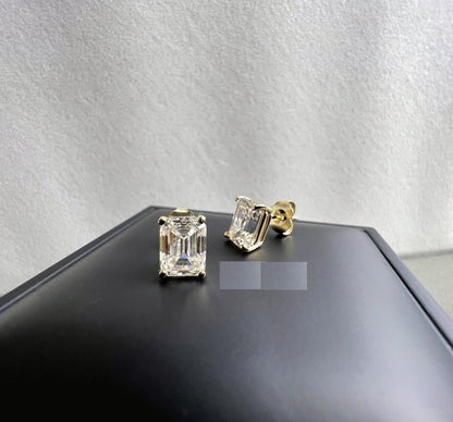 IC Classic Emerald Cut Moissanite Stud Earrings in Yellow Gold Plated Studs Hip Hop Iced Out IC_SE1048