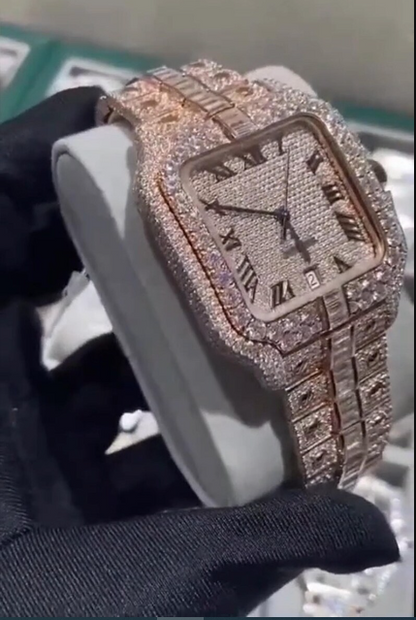 MW Unique Baguette Roman Dial VVS Moissanite Stainless Steel Watch  Bust Down Iced Out Hip Hop Watch  IC_C1002