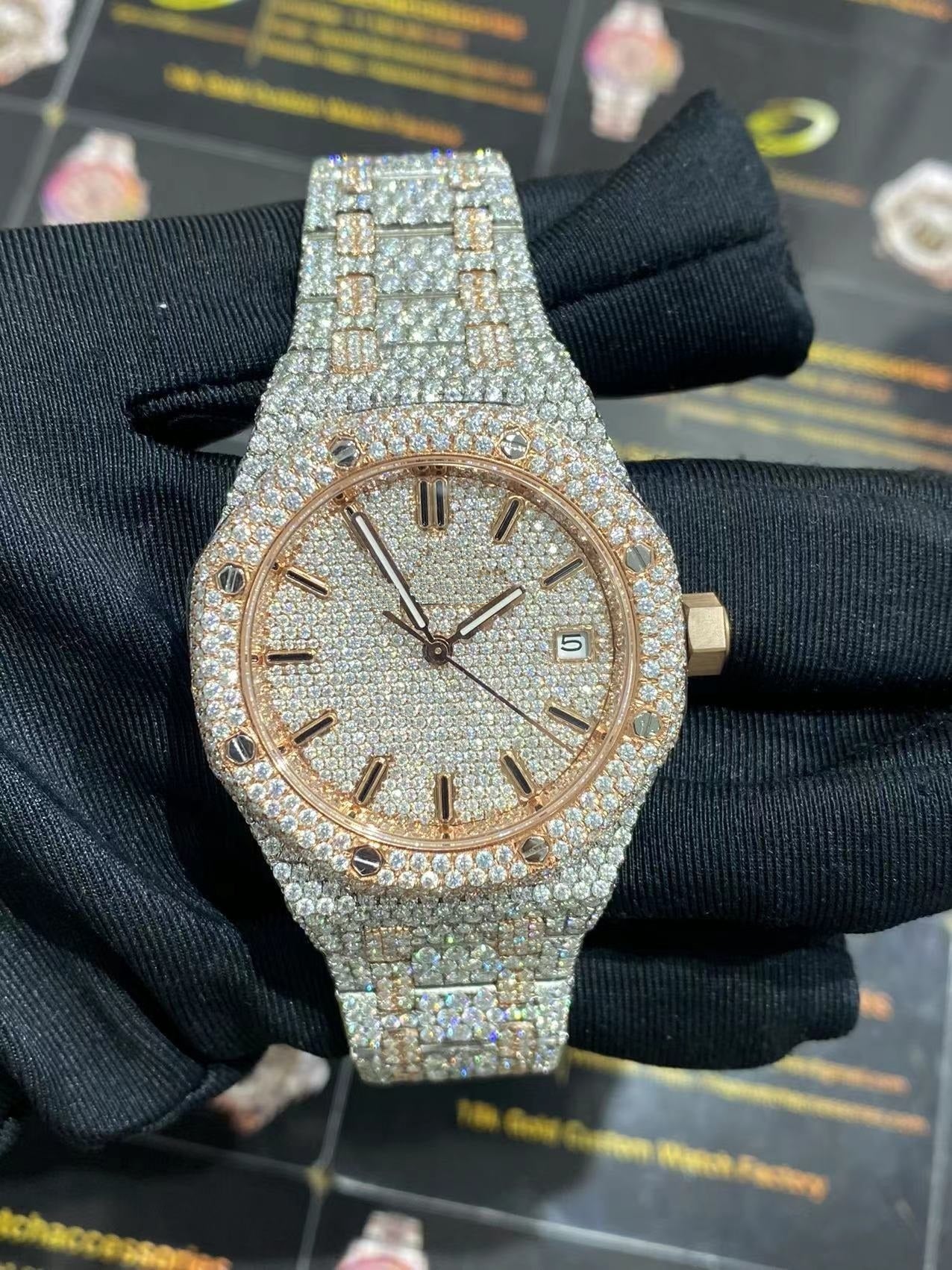 IC Luxury Rose & Silver Vertical Dial VVS Moissanite Stainless Steel Watch Hip Hop Bust Down Iced Out Watch  IC_AP1044